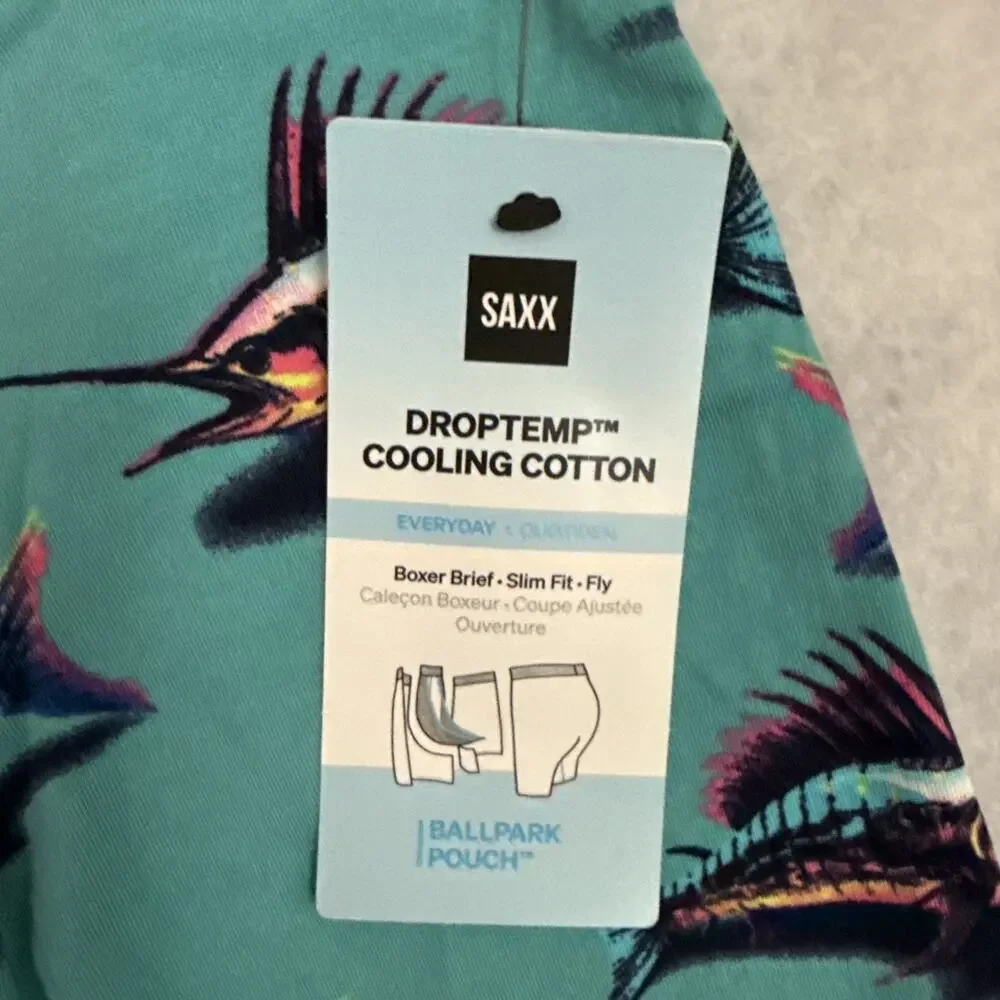 Saxx DropTemp Boxer Briefs Men Small Teal Fish Print Ballpark Pouch NWT